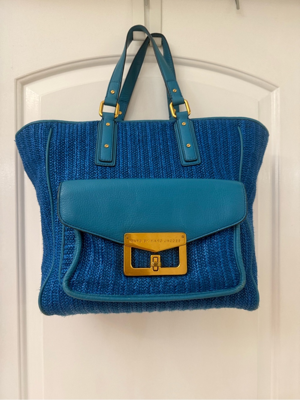 Marc by Marc Jacobs Hayley Straw/Leather Teal Blue Tote with Front Flap Pocket - Picture 10 of 17